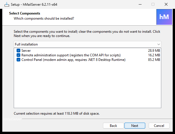 The Select Components page with Server, Remote administration support and Control Panel all ticked, and a total of 118.3 MB