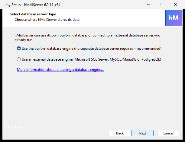 The database page offering "Use the built-in database engine (no separate database server required - recommended)" and "Use an external database engine (Microsoft SQL Server, MySQL/MariaDB or PostgreSQL)"
