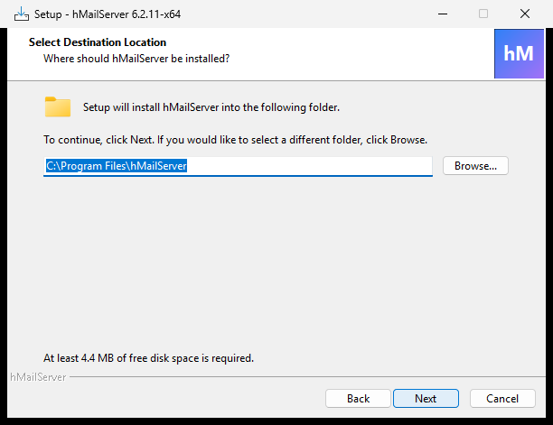 Setup's "Select Destination Location" page with C:\Program Files\hMailServer in the folder box and the note "At least 4.4 MB of free disk space is required"