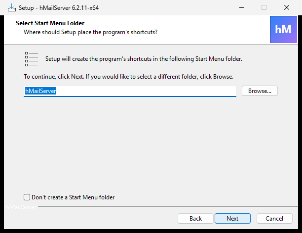 Setup's "Select Start Menu Folder" page with "hMailServer" in the box and an unticked "Don't create a Start Menu folder" checkbox