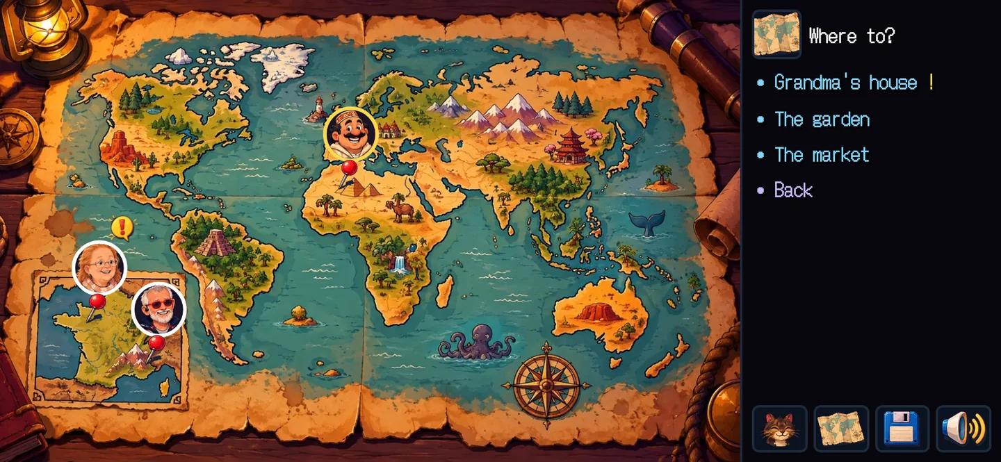 The world map: Grandma's and Grandpa's portraits pinned on France, a third face on the Mediterranean, the places to go in the side column