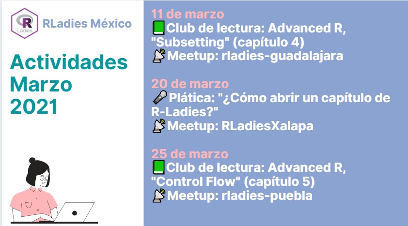 Calendario de actividades correspondientes al mes de Marzo 2021. 11 de marzo: Club de Lectura: Advanced R, 'Subsetting'. 20 de marzo: Plática: ¿Cómo abrir un capítulo de R-Ladies. Club de Lectura: Advanced R, 'Controll Flow'.