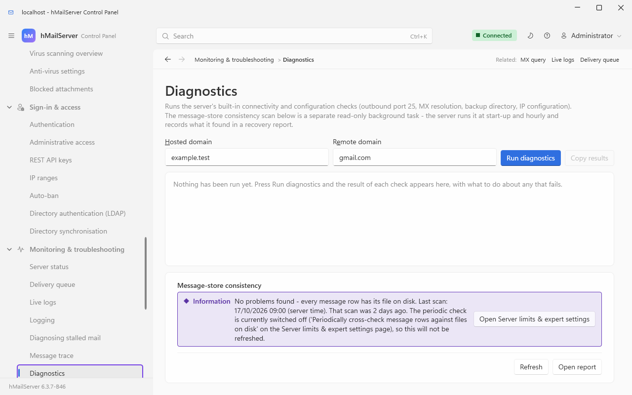 The Diagnostics page before it has been run: the subtitle, which begins "Runs the server's built-in connectivity and configuration checks (outbound port 25, MX resolution, backup directory, IP configuration)." and goes on to say that the message-store consistency scan below is a separate read-only background task, a Hosted domain box reading example.test beside a Remote domain box reading gmail.com, the Run diagnostics and Copy results buttons, a results pane saying nothing has been run yet, and the Message-store consistency card below it