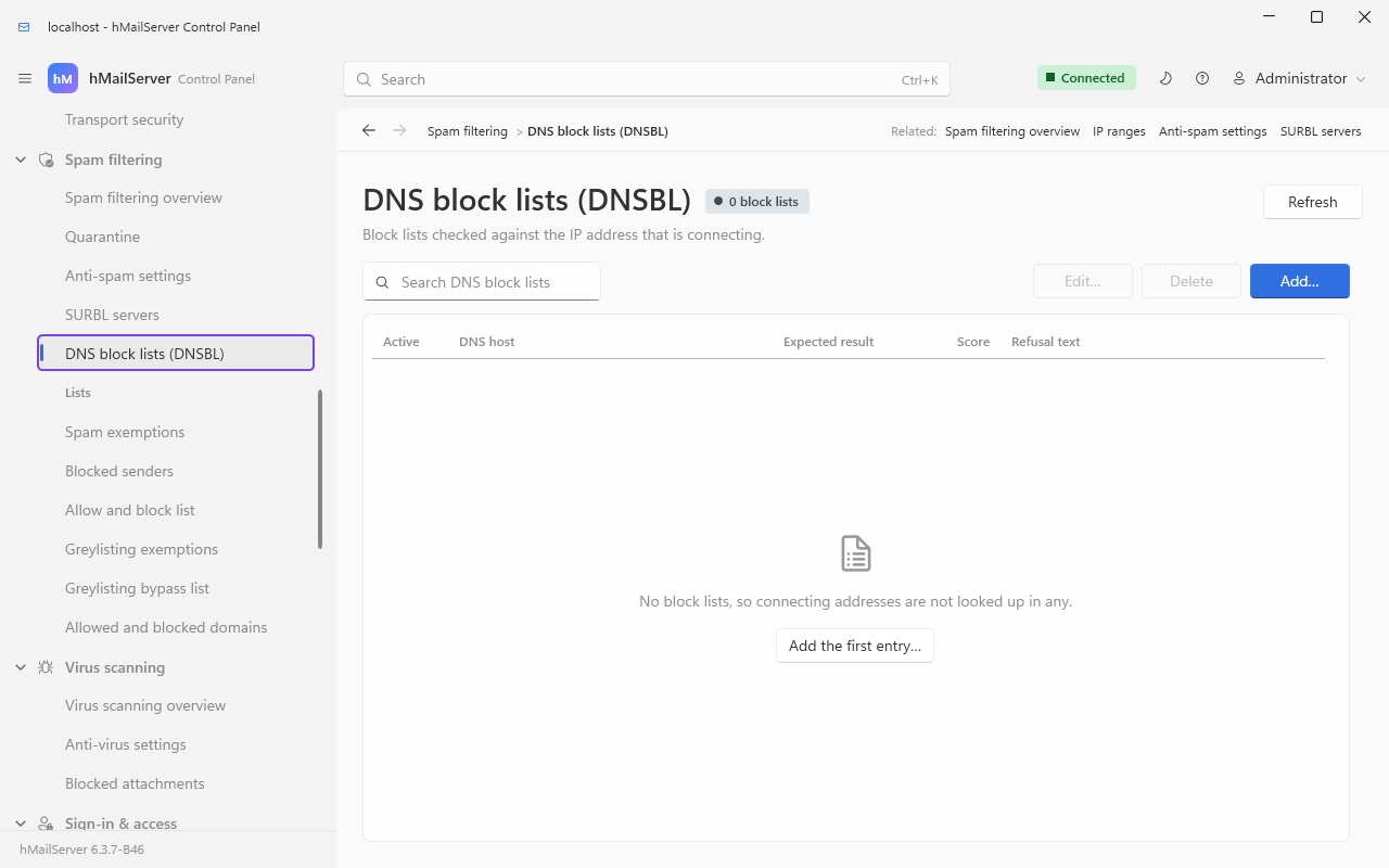 The DNS block lists (DNSBL) page, with its Active, DNS host, Expected result, Score and Refusal text columns - empty on the server this was captured on, "No block lists, so connecting addresses are not looked up in any.", with an Add the first entry… button; a fresh install has the two rows below, inactive