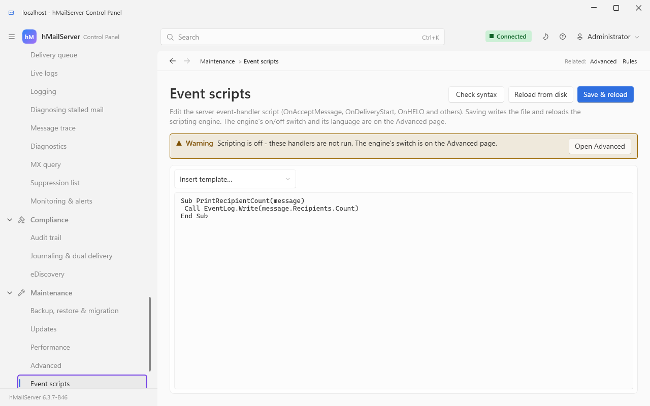 The Event scripts page, with Check syntax, Reload from disk and Save & reload at the top, the "Insert template…" list above the editor, and a warning that scripting is off, with an Open Advanced button