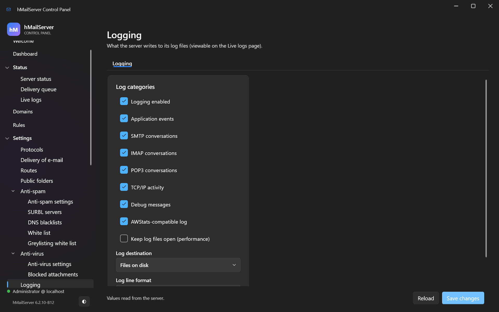 The Logging page: which log types are enabled, debug messages, the log device and the log format