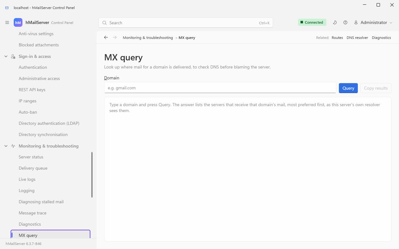 The MX query tool before a query: a Domain box, Query and Copy results, and a pane saying that the answer lists the servers that receive the domain's mail, most preferred first, as this server's own resolver sees them