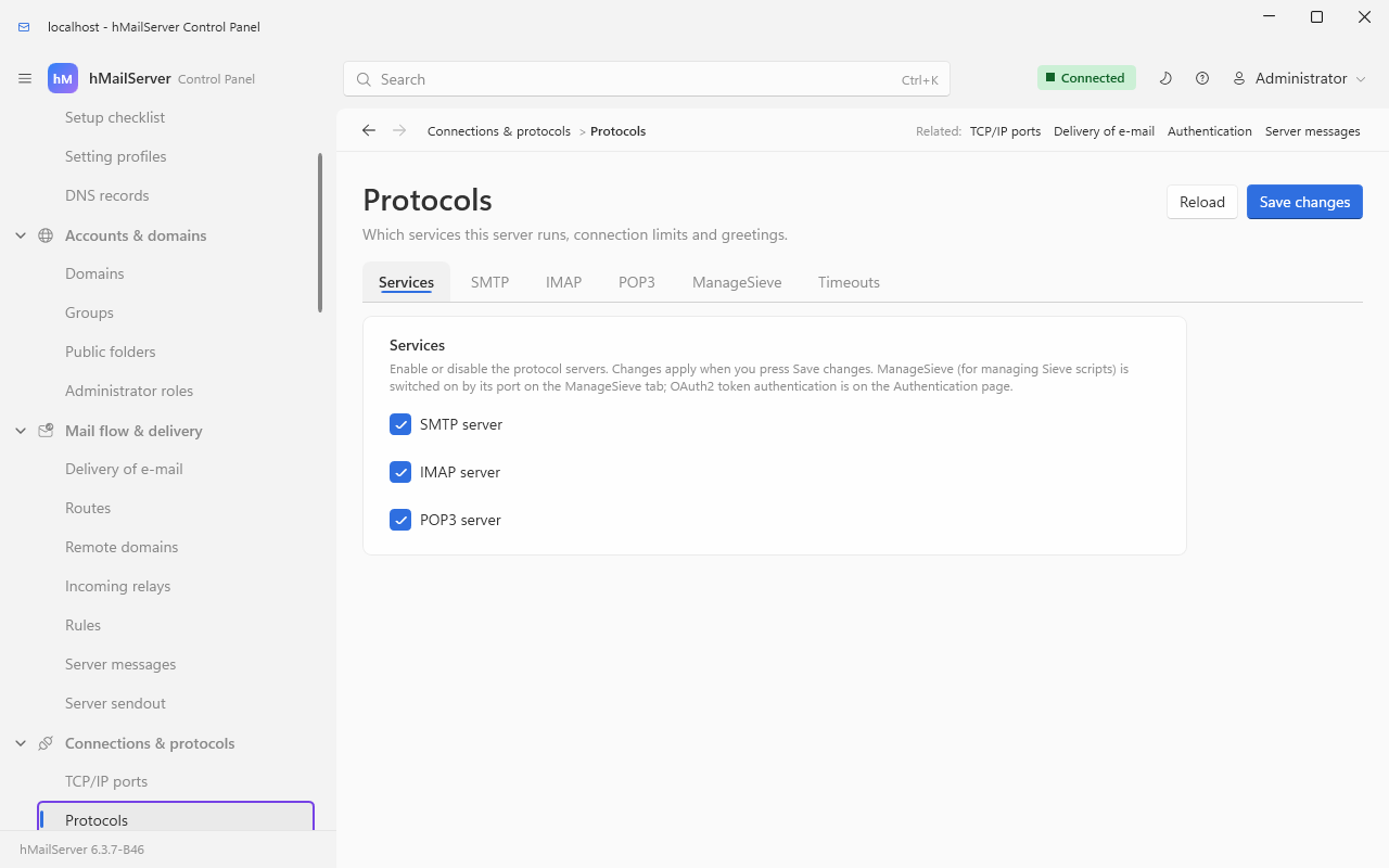 The Protocols page on its Services tab, where the SMTP, IMAP and POP3 servers are switched on, with a tab each for SMTP, IMAP, POP3 and ManageSieve and one for Timeouts beside it — the authentication switches quoted above live on the SMTP and IMAP tabs