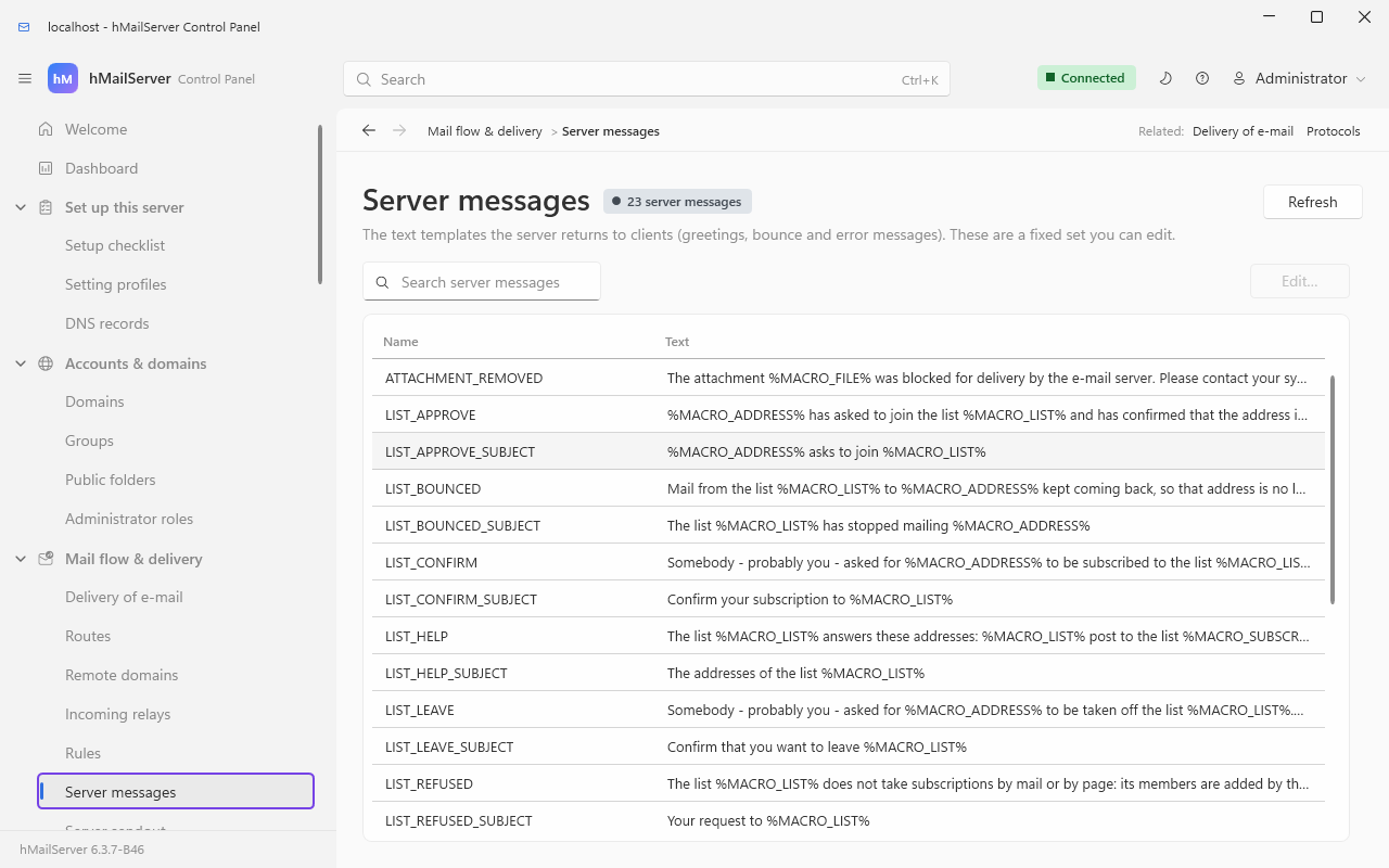 The Server messages page: the 23 named templates in Name and Text columns, with Edit… above the list to open the selected one