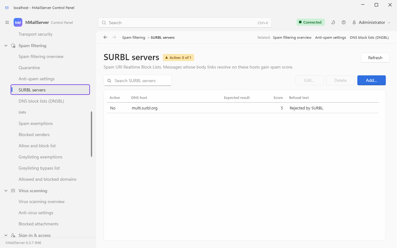 The SURBL servers page: one row per block list, with Active, DNS host, Expected result, Score and Refusal text columns; the seeded multi.surbl.org arrives inactive, so the pill beside the title reads "Active: 0 of 1"