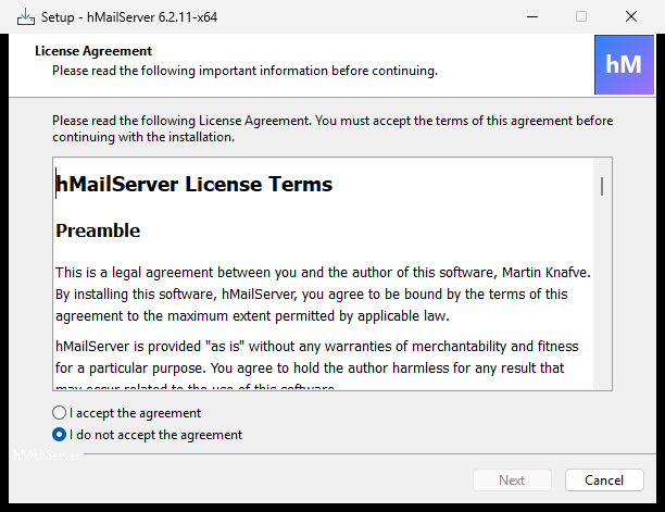 Setup's "License Agreement" page, headed "hMailServer License Terms", with "I accept the agreement" and "I do not accept the agreement" radio buttons at the bottom and Next greyed out