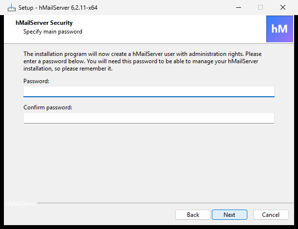 The "hMailServer Security - Specify main password" page with empty Password and Confirm password boxes