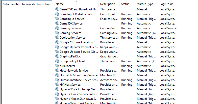 The Services list scrolled to hMailServer, showing Status "Running", Startup Type "Automatic" and Log On As "Local Syste..."