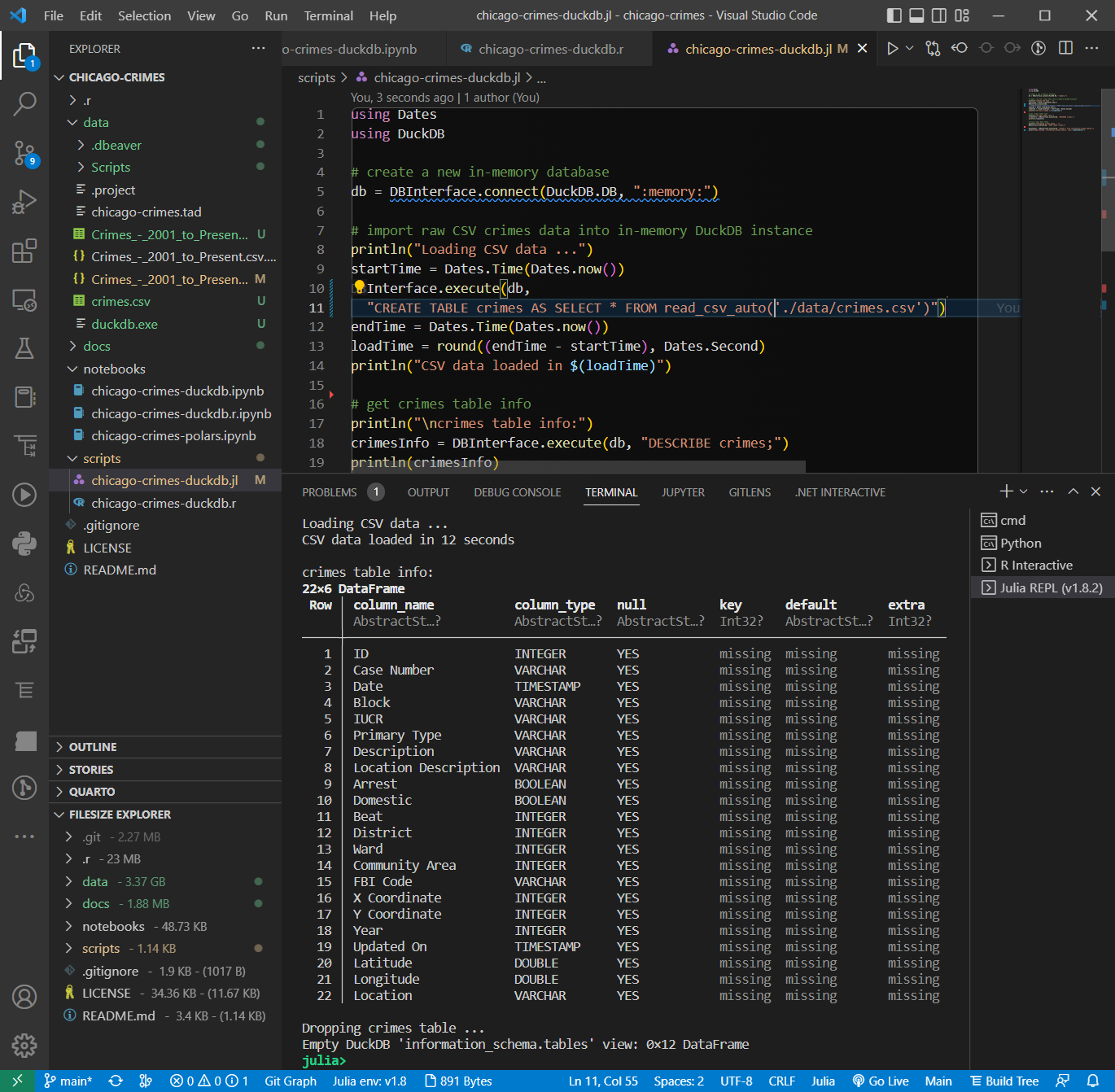 Chicago Crimes CSV to DuckDB in Julia REPL