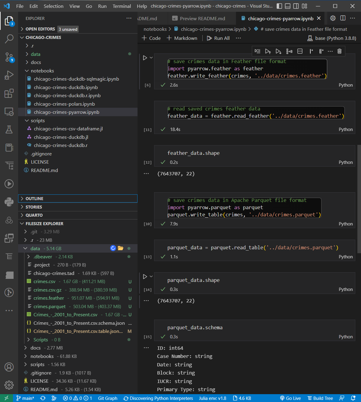 Chicago Crimes with PyArrow Feather and Parquet
