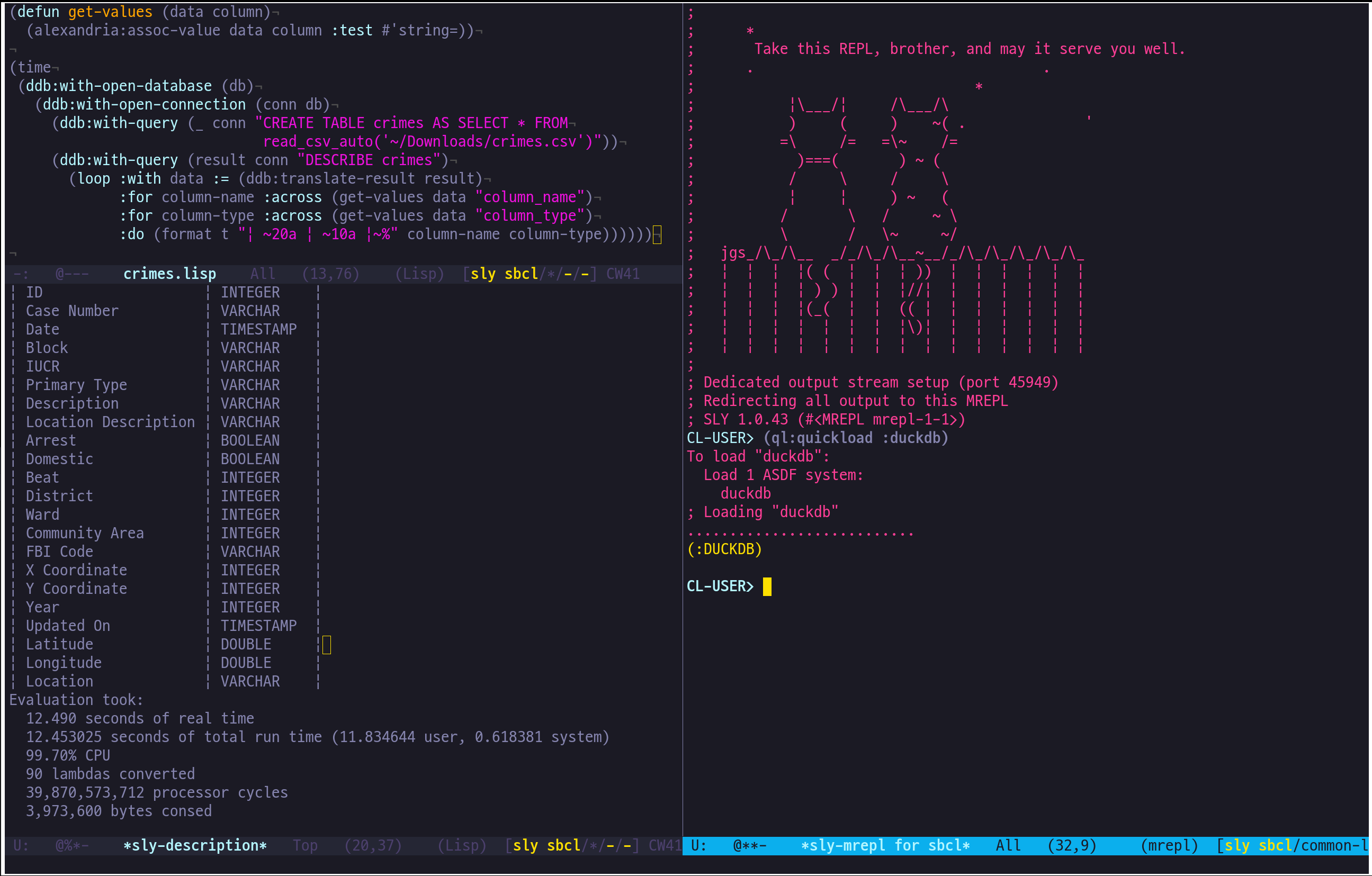 Chicago Crimes CSV to DuckDB in Emacs