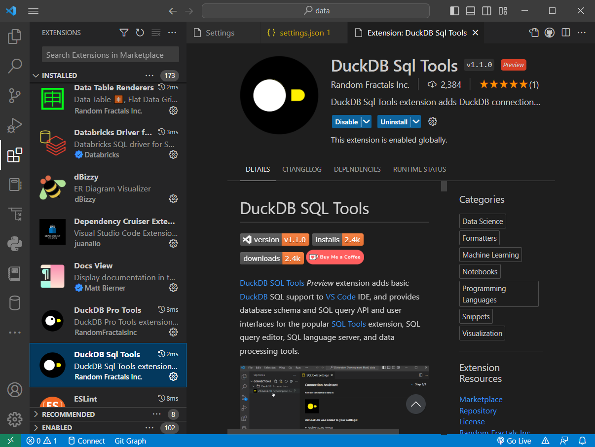 DuckDB SQL Tools VSCode Extension Info