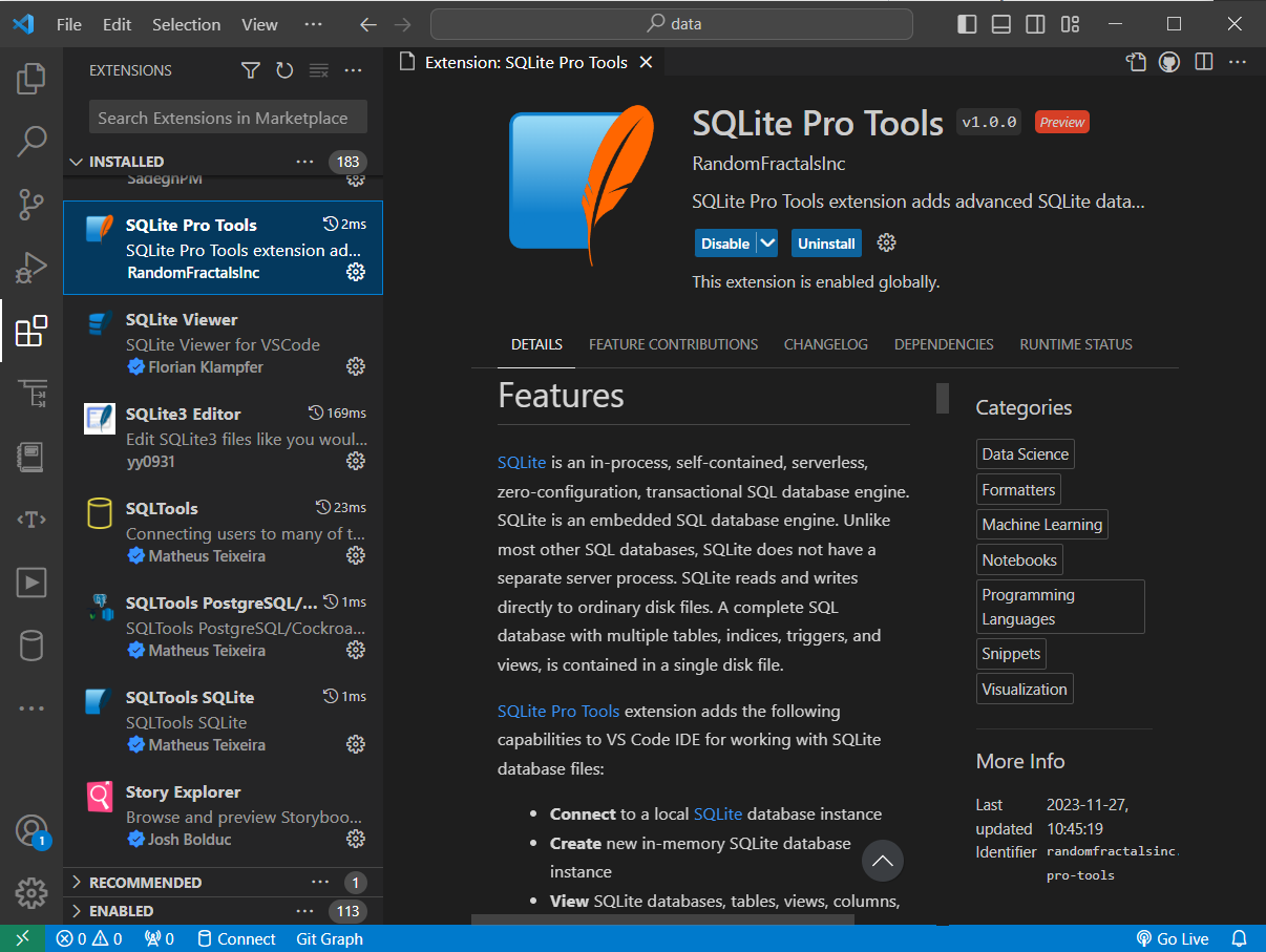 SQLite Pro Tools VS Code Extension Info