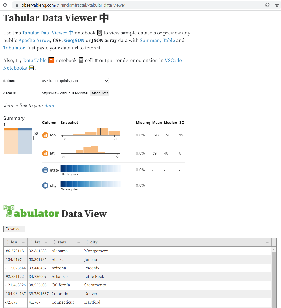 Tabular Data Viewer 中 Observable Notebook 📓