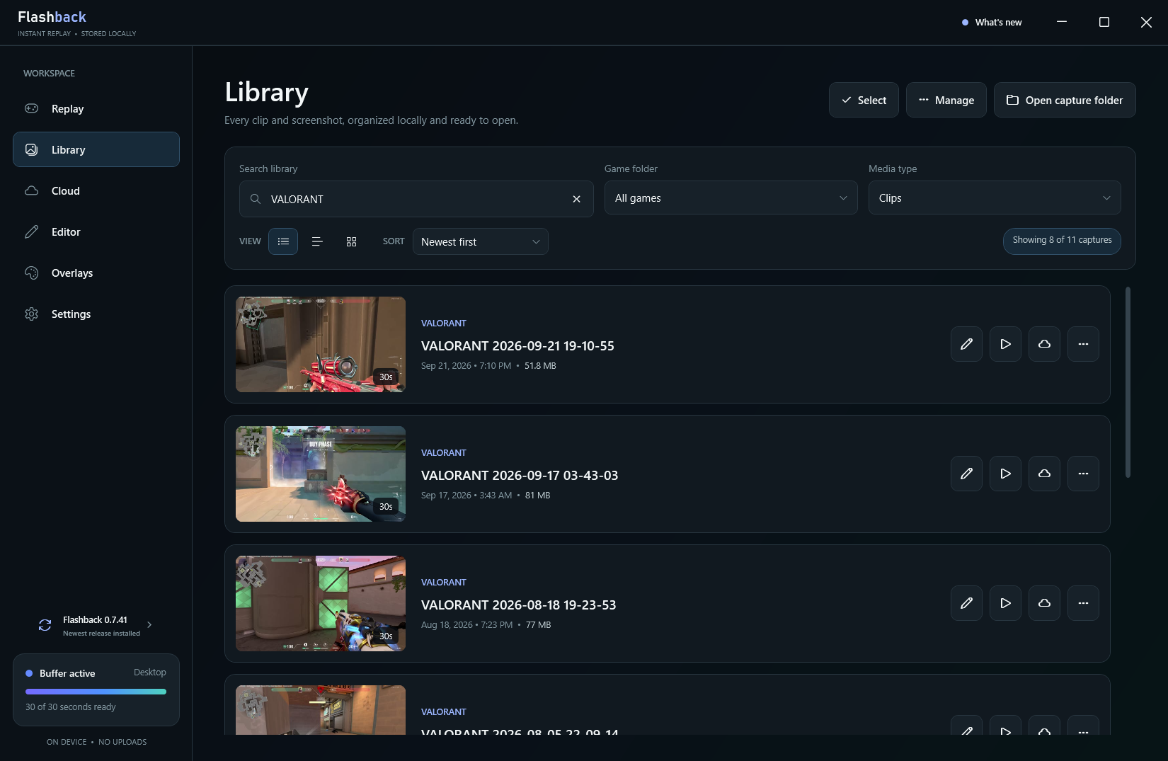 The Library: search, game folder and media type filters, view and sort controls, and a list of clips