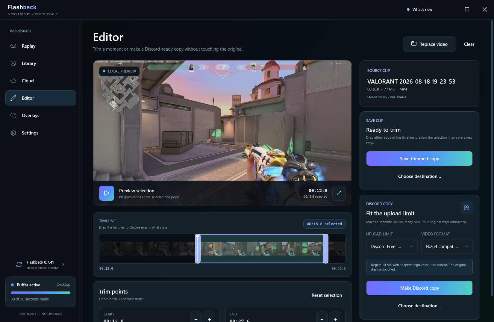 The Editor: a clip preview, the storyboard timeline with trim handles, Save trimmed copy and the Discord copy panel