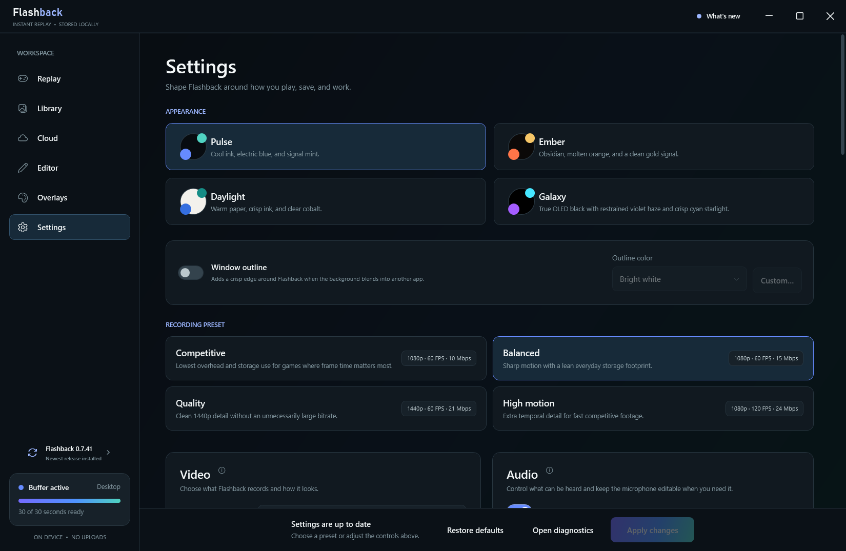 Settings: themes, the window outline and the four recording presets