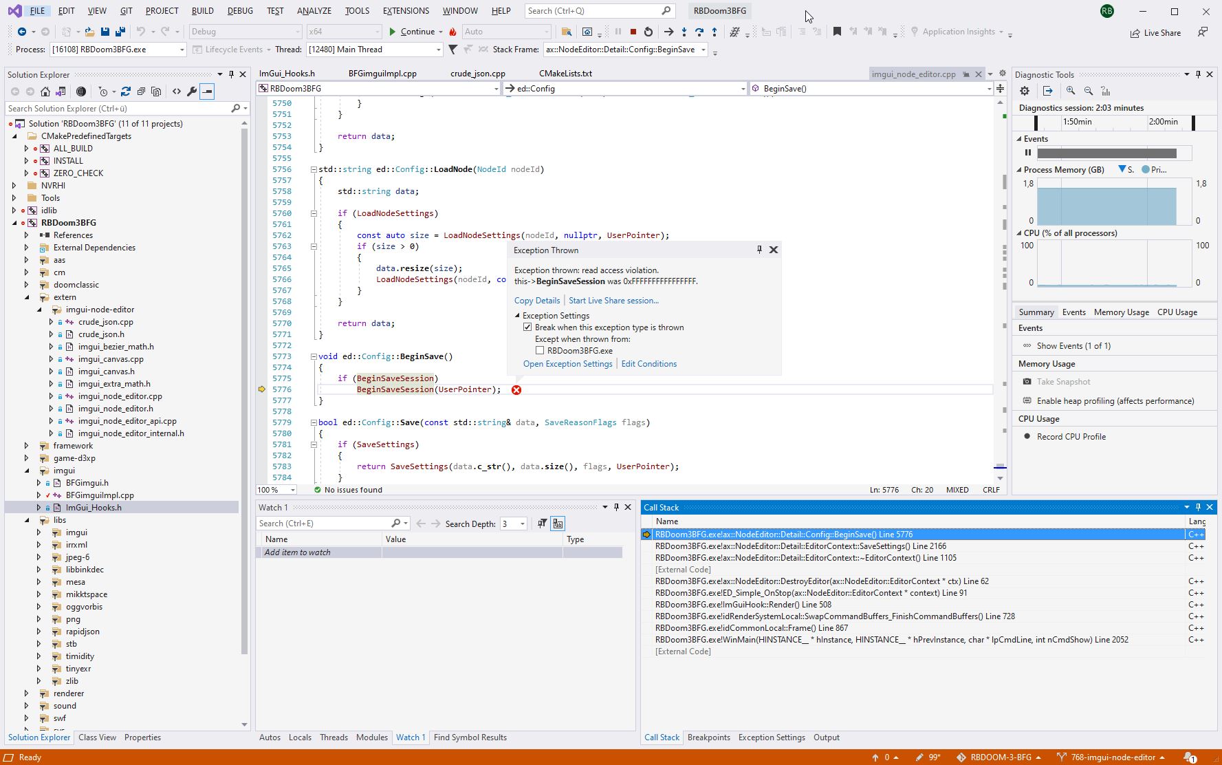 2023-05-13 14_34_16-RBDoom3BFG (Debugging) - Microsoft Visual Studio