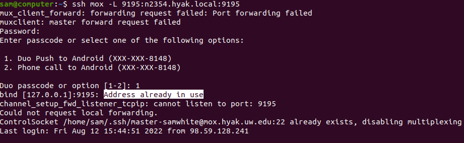 Screencap of terminal showing error message when a port is already in use - specific error highlighted in white box