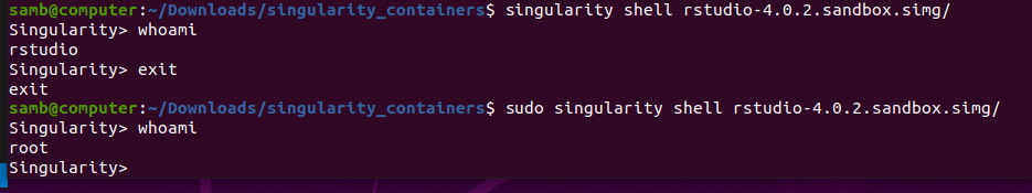 screenshot showing differences in singularity with/without sudo