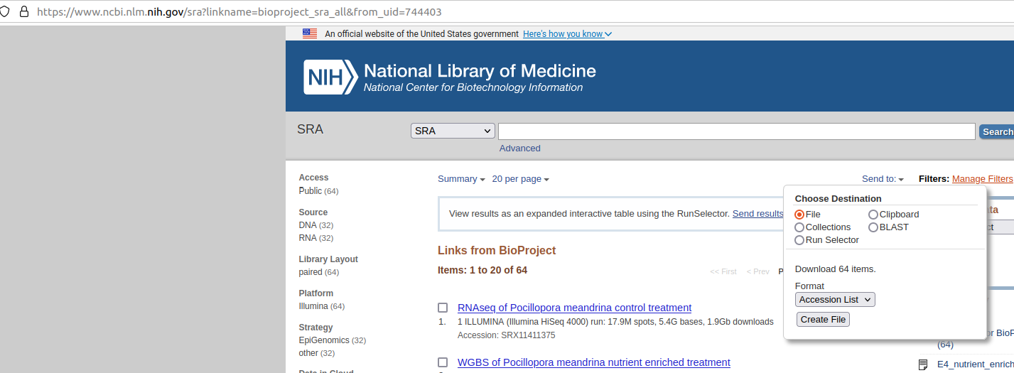Screenshot of NCBI BioProject PRJNA744403 page showing dropdown menu to generate SRA accessions list file