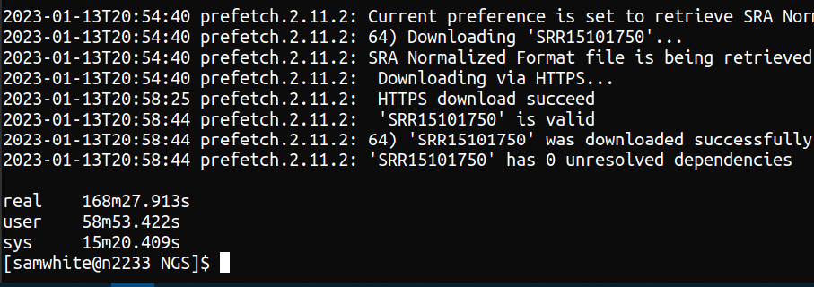 Screenshot showing execution time of 168mins 27.9 seconds to download SRA files for BioProject PRJNA744403
