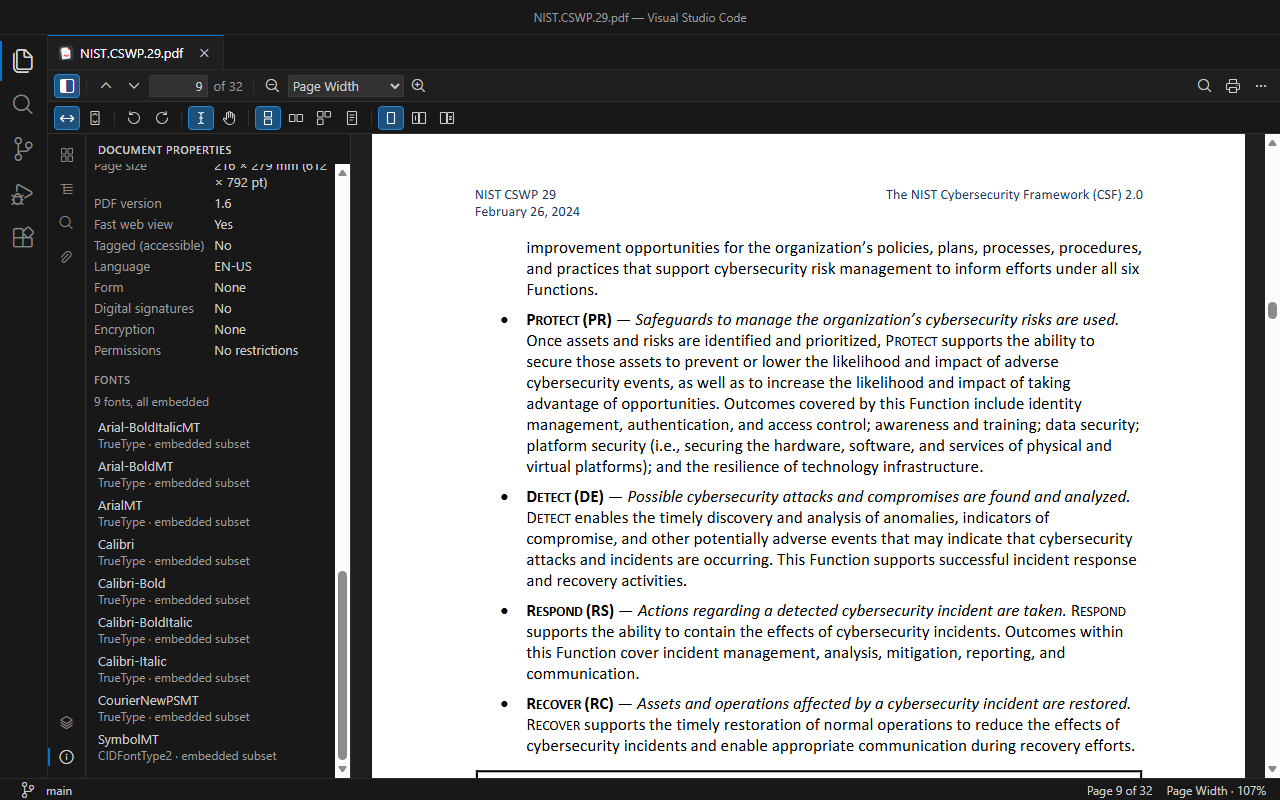 Document Properties with the fonts of the document