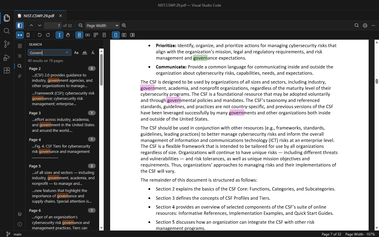 All search results with their context, grouped by page