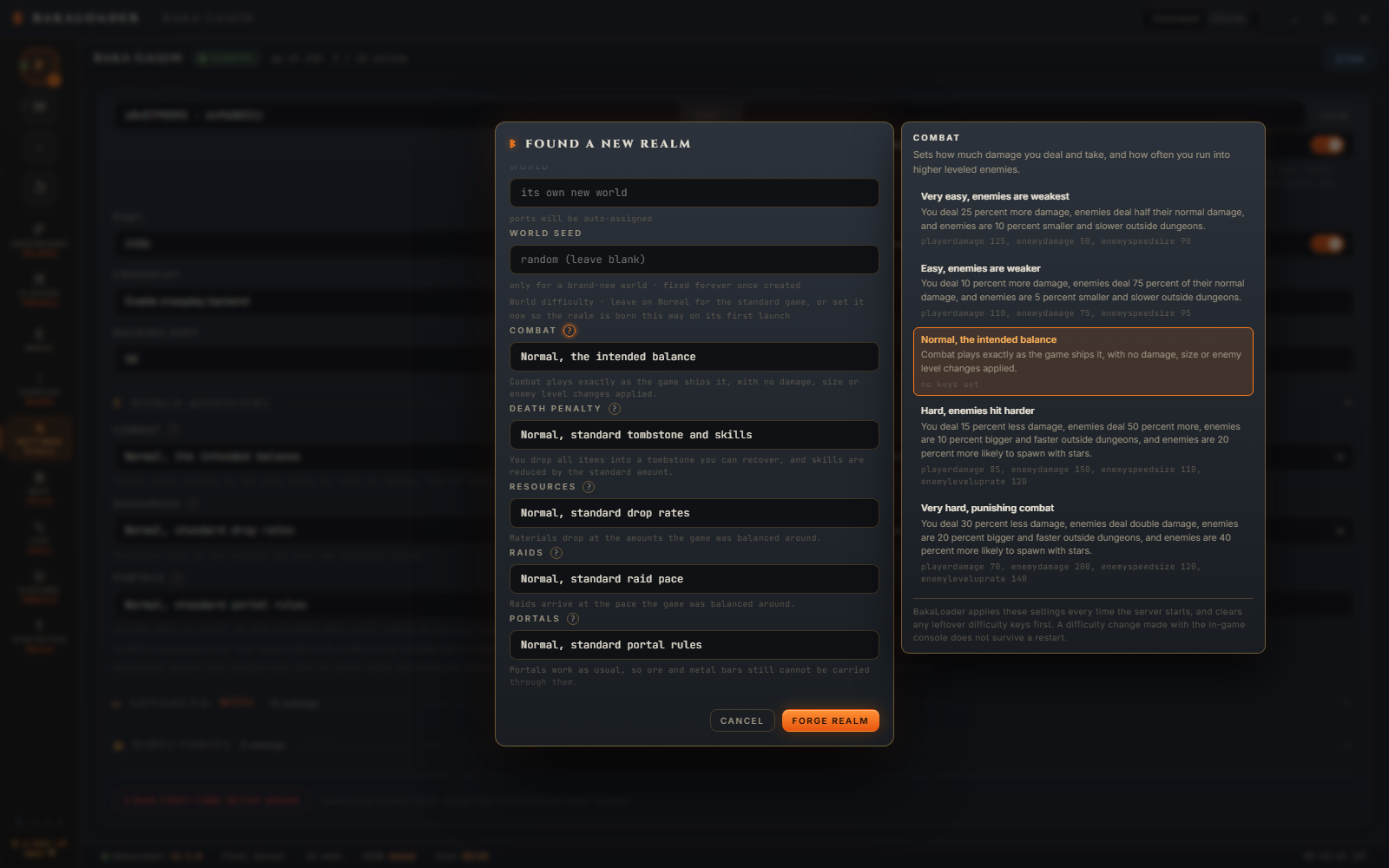 The Found a new realm dialog with a modifier panel open