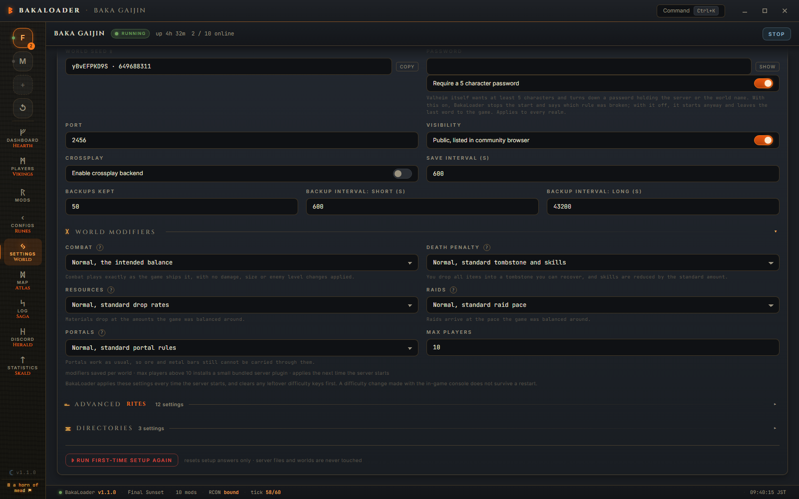 The world modifier dials on the Settings screen