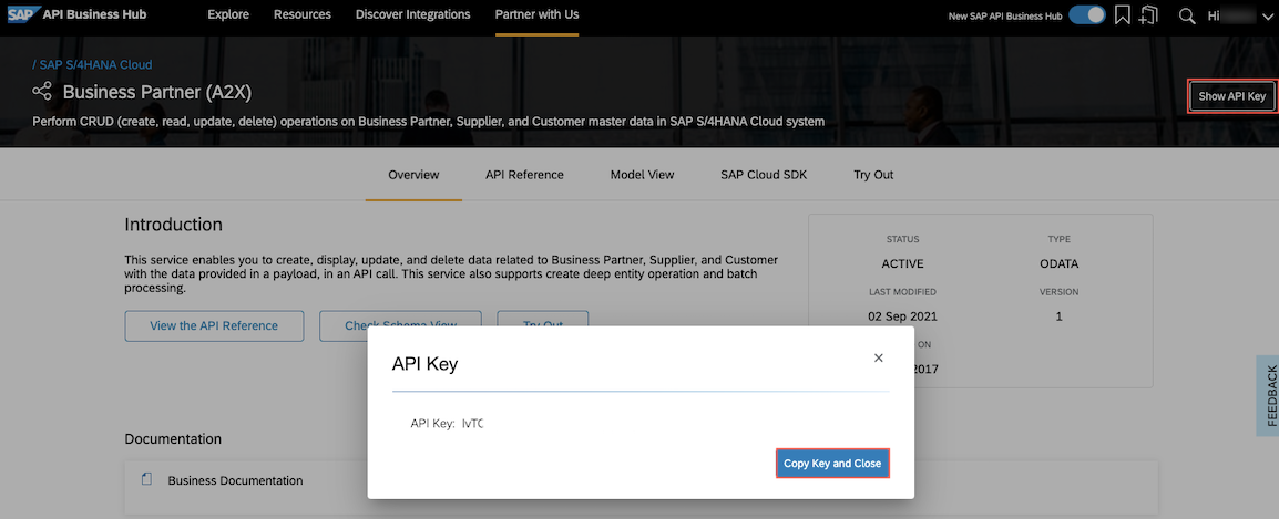 Get API key from SAP API Business Hub
