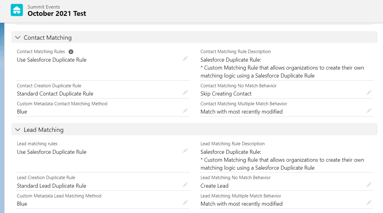 Both Contact Matching and Lead Matching setup on an event record