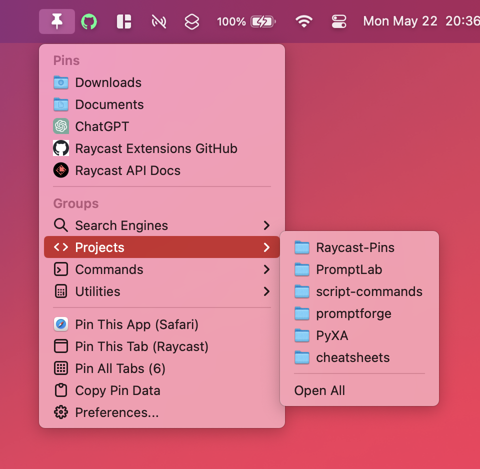 Example of the Pins menu bar extra in action, showing pinned sites, folders, Terminal commands, and groups.