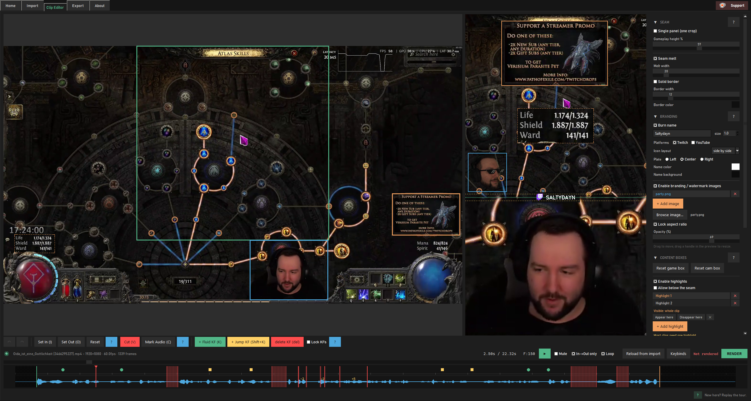 The Editor mid-edit, showing the layout tab with a game/cam split and inspector panel