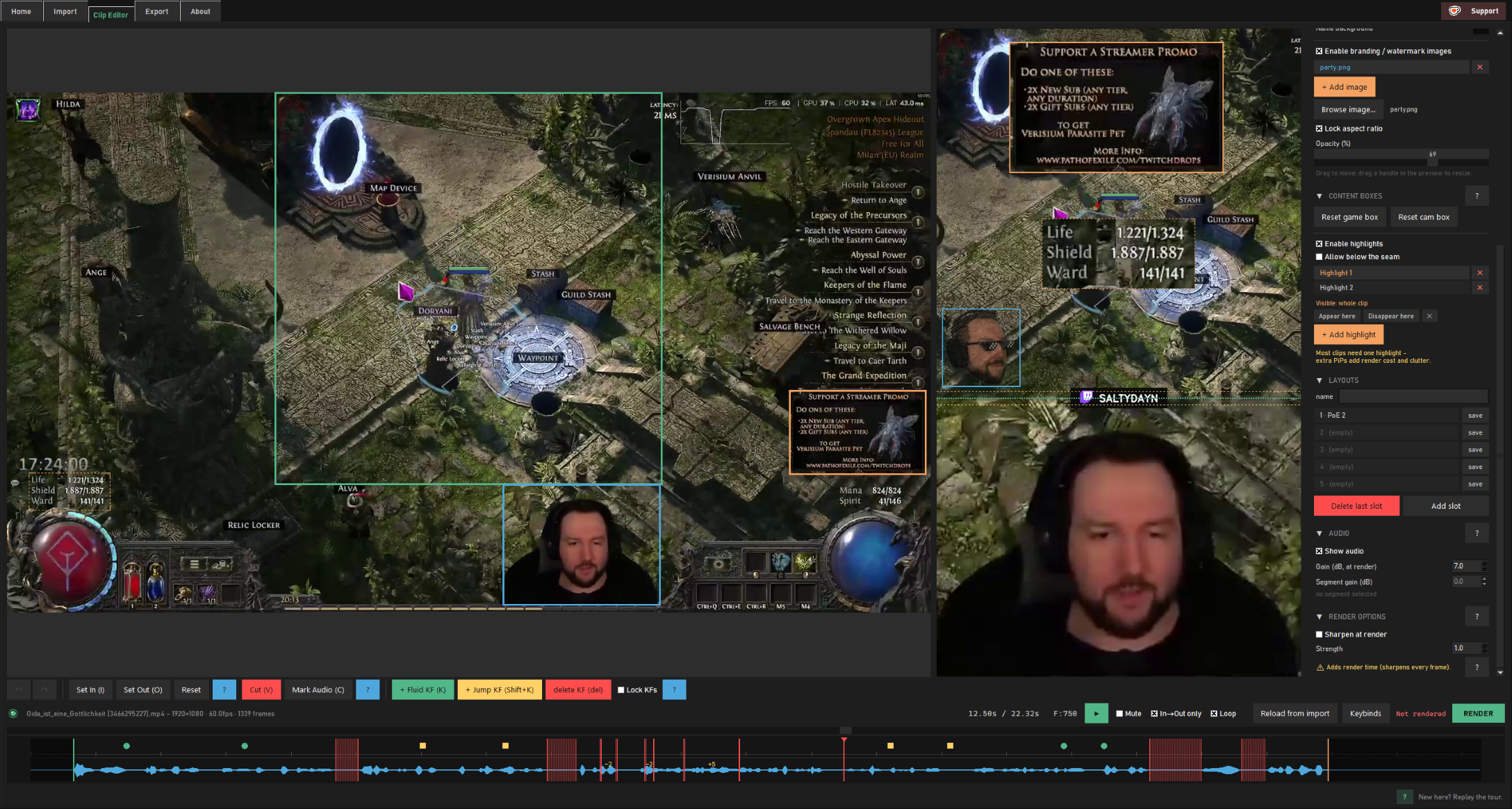 A highlight box overlaid picture-in-picture style on the composited preview