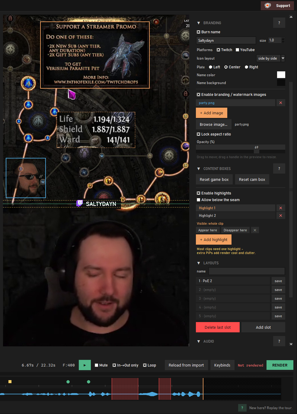 The Branding tab with an image overlay placed and resize handles visible