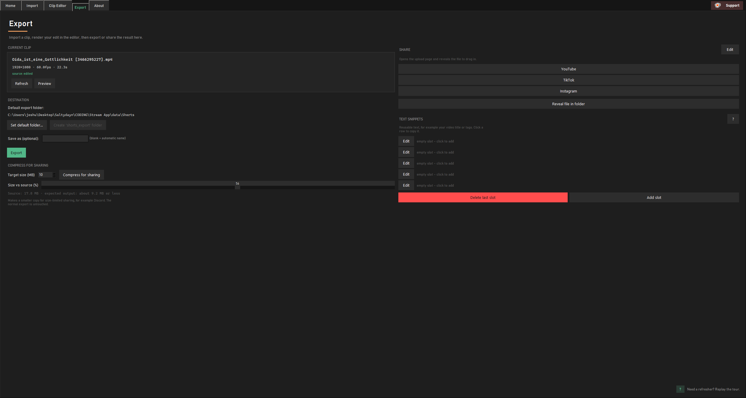 The Export tab with the finished file ready to save and a one-click YouTube upload button