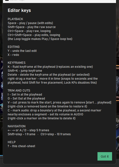 The Editor's keyboard shortcuts cheat sheet dialog