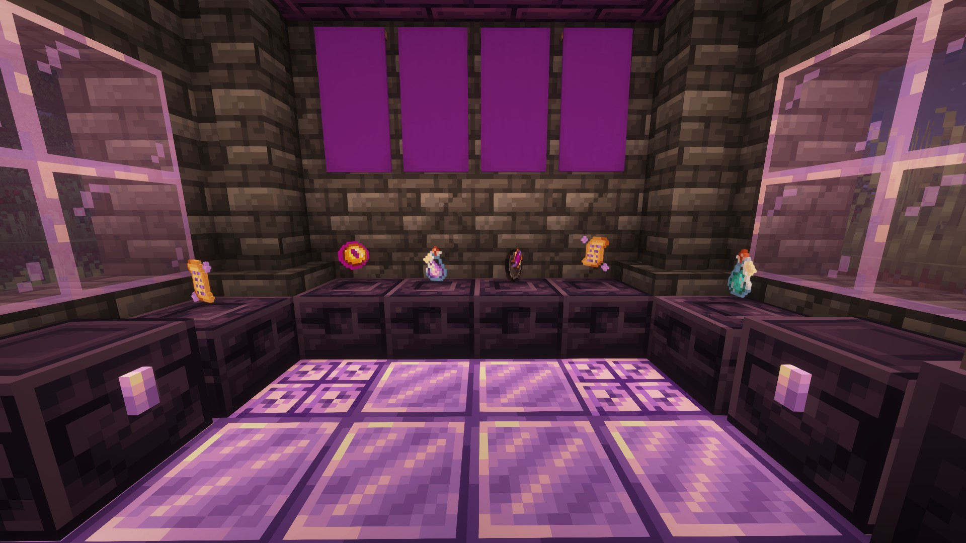 A screenshot of a room with various hexgloop items on pedestals. The floor is made of charged amethyst blocks. There are slate chests on the side. The items are: two scripts, a casters coin, two casting potions, and a focal ring.