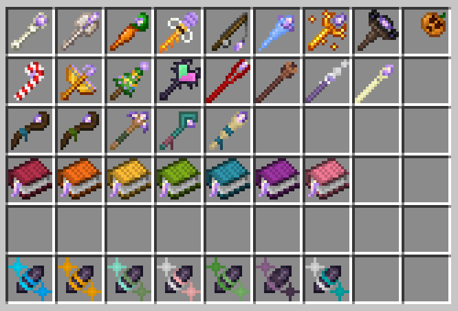 A screenshot of a chest containing many new staves, dyed staves, dyed spellbooks, and essence stones.