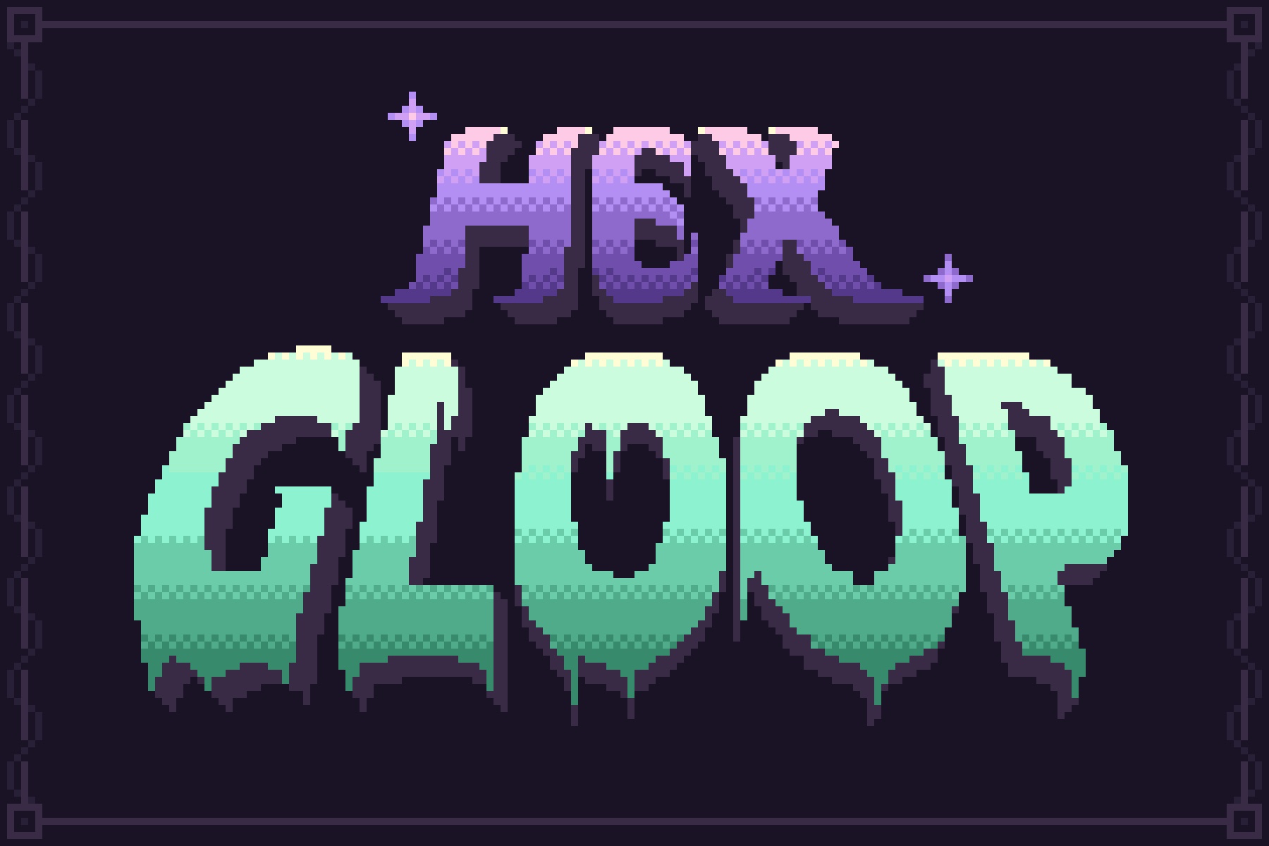 Hex Gloop Title Card. Reads Hex Gloop on two lines. Hex is in a magic looking purple style with stars around it and Gloop is in a green slimey style.