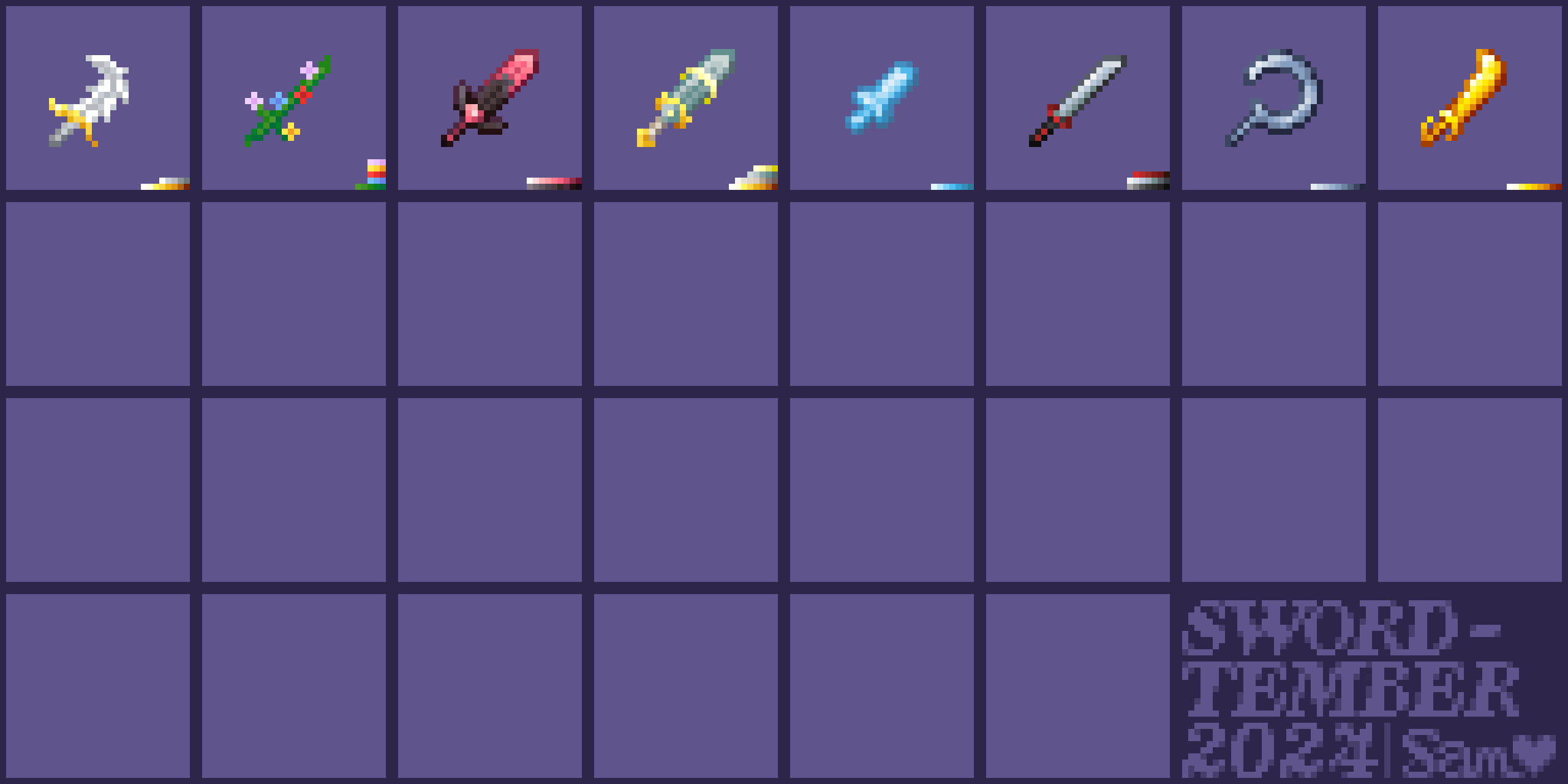 An 8x4 grid of sword textures with the two lowest right squares saying Swordtember 2024 with sam's signature.