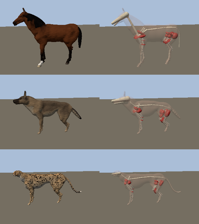 A horse, a dog and a cheetah walk in game mode on the left and in engineering mode on the right