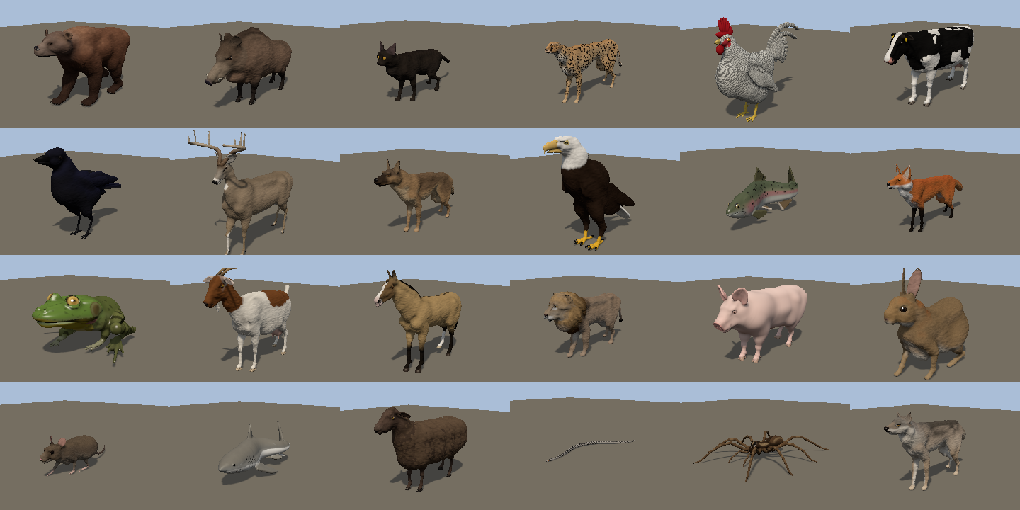 Twenty-four procedural animals turn in a grid, and the four-legged ones walk