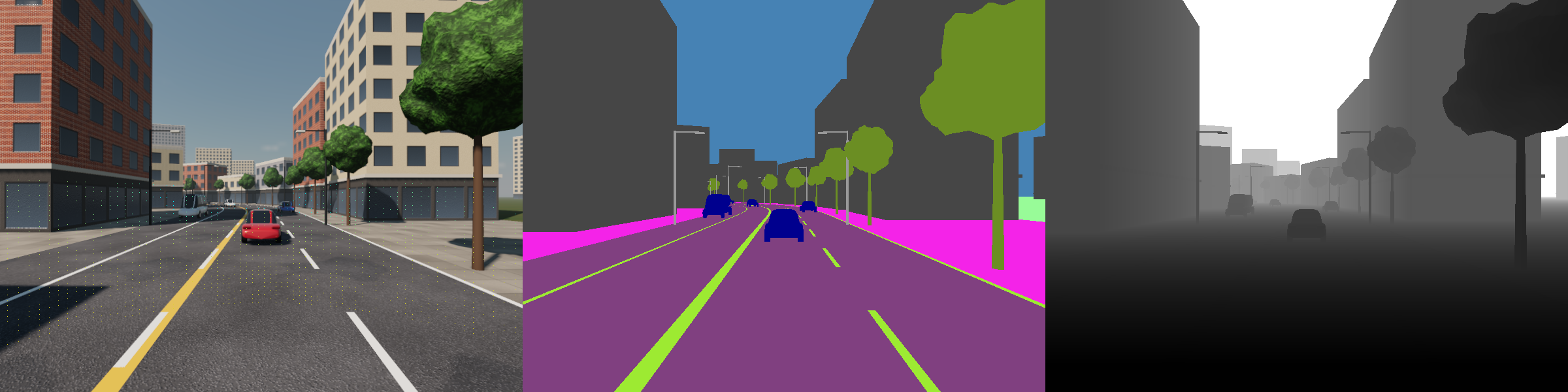 An RGB image with LiDAR points, a semantic image and a depth image